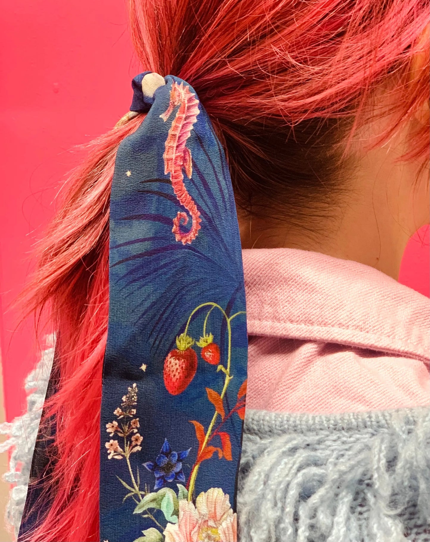 Navy 'Skinny' Silk scarf in the botanical  'Wonderous' Print, delicate, lightweight scarf accessory Alice Acreman Silks