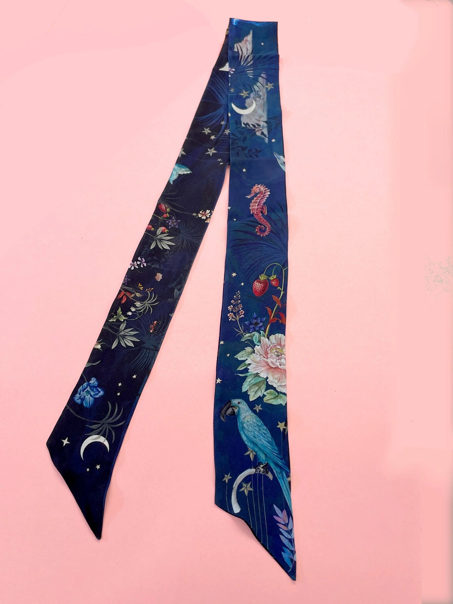 Navy 'Skinny' Silk scarf in the botanical  'Wonderous' Print, delicate, lightweight scarf accessory Alice Acreman Silks