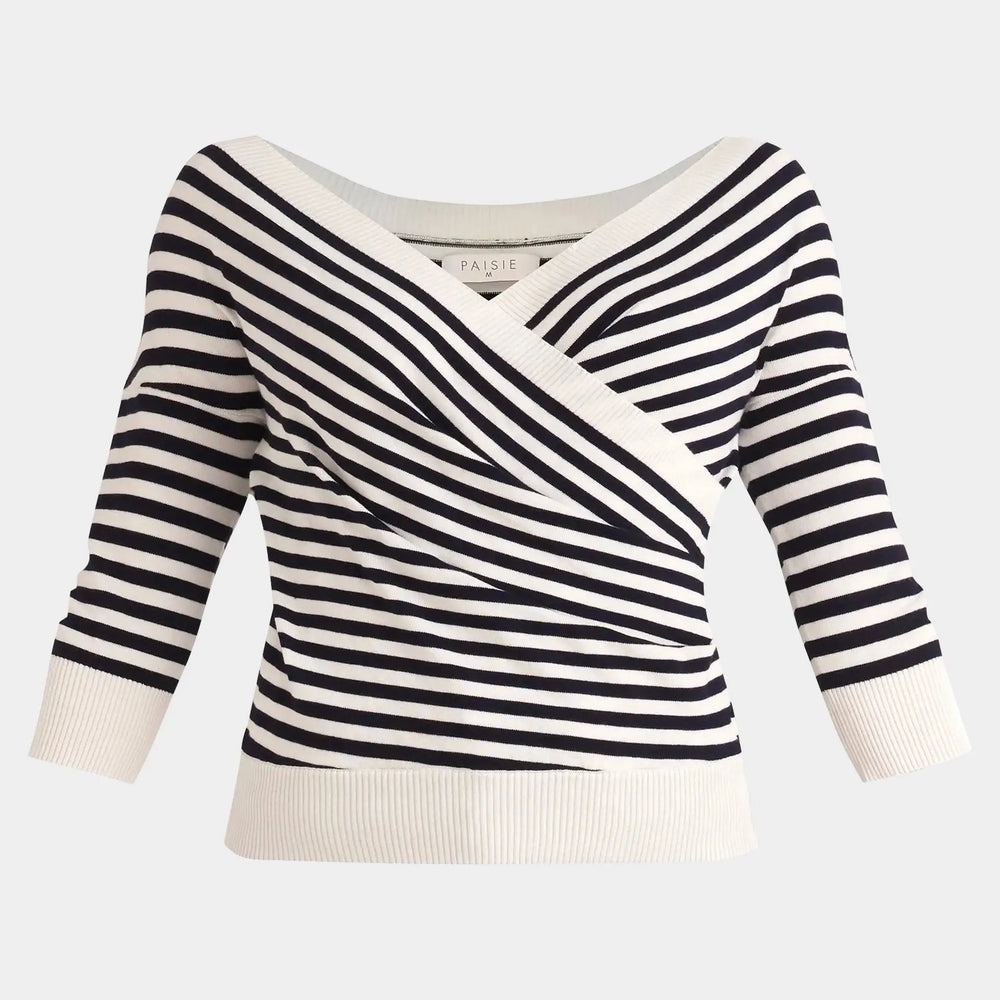 Navy and White Knitted Wrap Top With 3/4 Sleeves Paisie