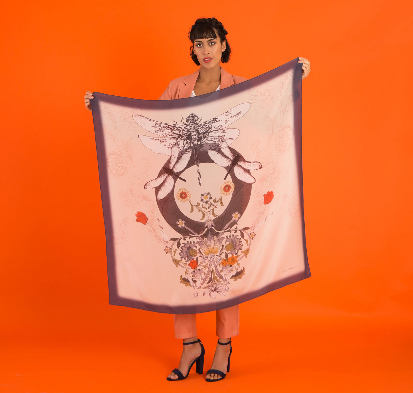 Navy blue and cream "Dragonfly Silk" square Silk scarf Alice Acreman Silks