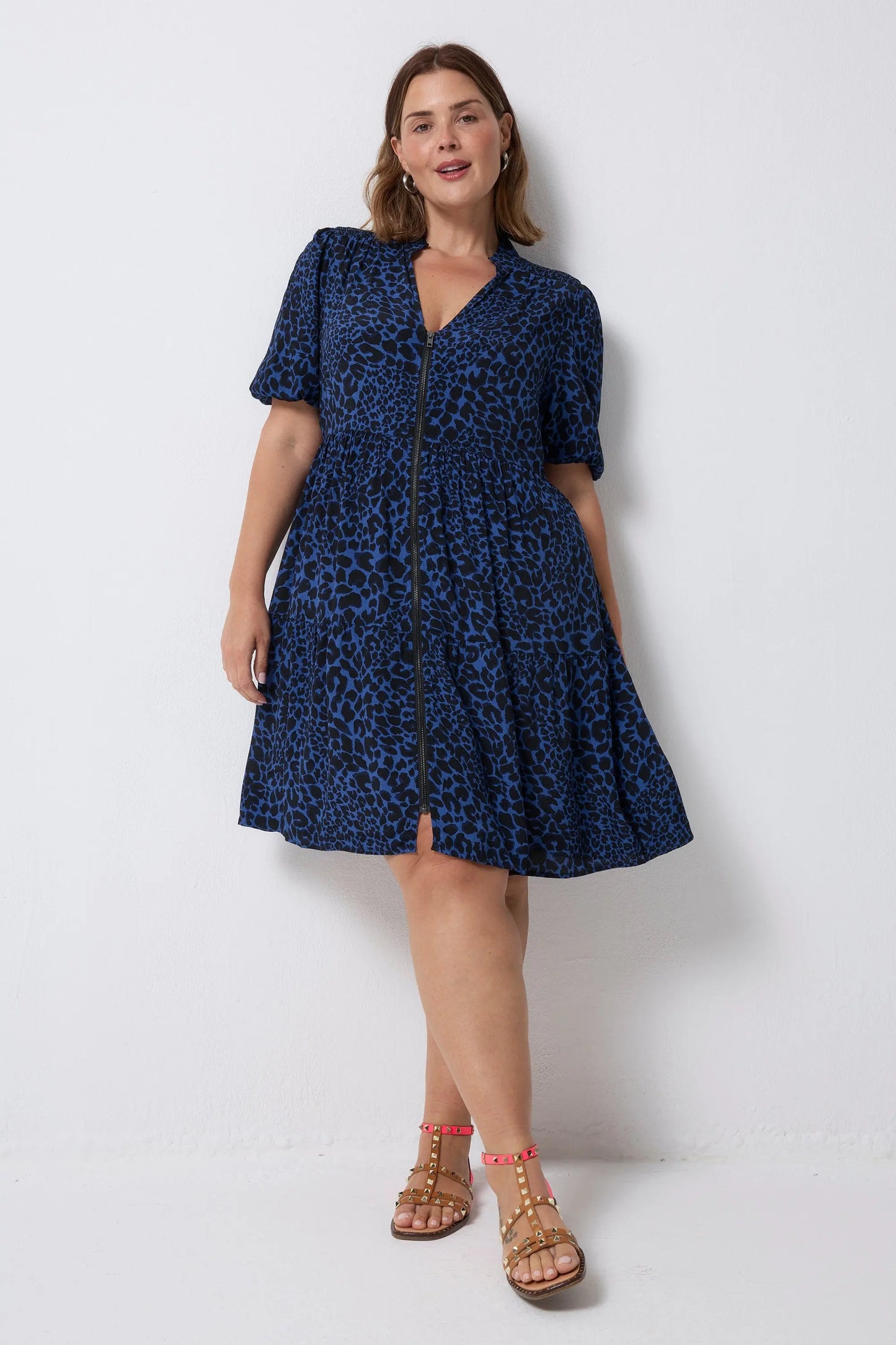 Navy with Black Rock and Roll Leopard Zip Detail Tiered Short Dress Scamp & Dude