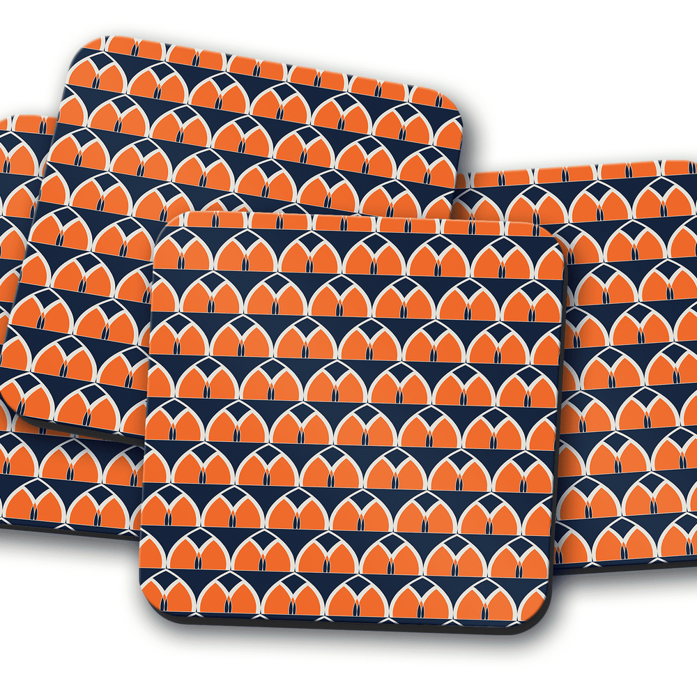 Navy Blue and Orange Retro Geometric Design Coaster, Table Decor Drinks Mat Shadow bright