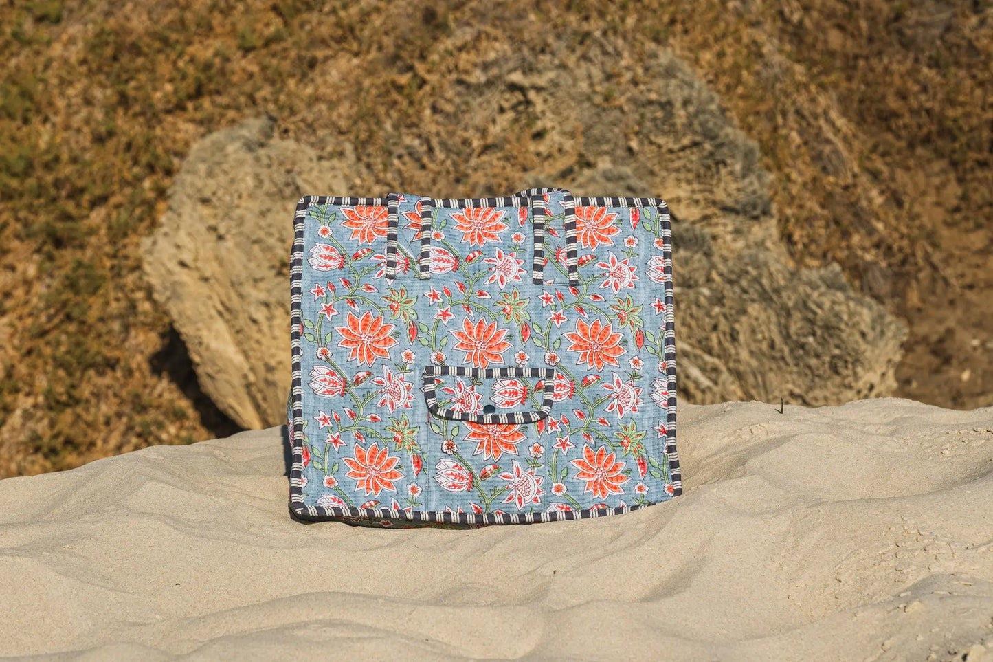 Neel Blue Floral Block Printed tote bag Naree Clothing