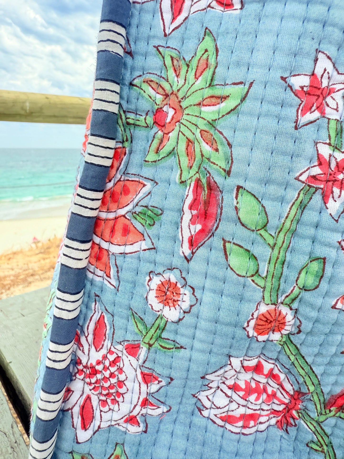 Neel Blue Floral Block Printed tote bag Naree Clothing