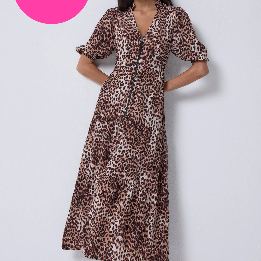 Neutral with Black Cheetah Zip Detail Tiered Midi Dress Scamp & Dude