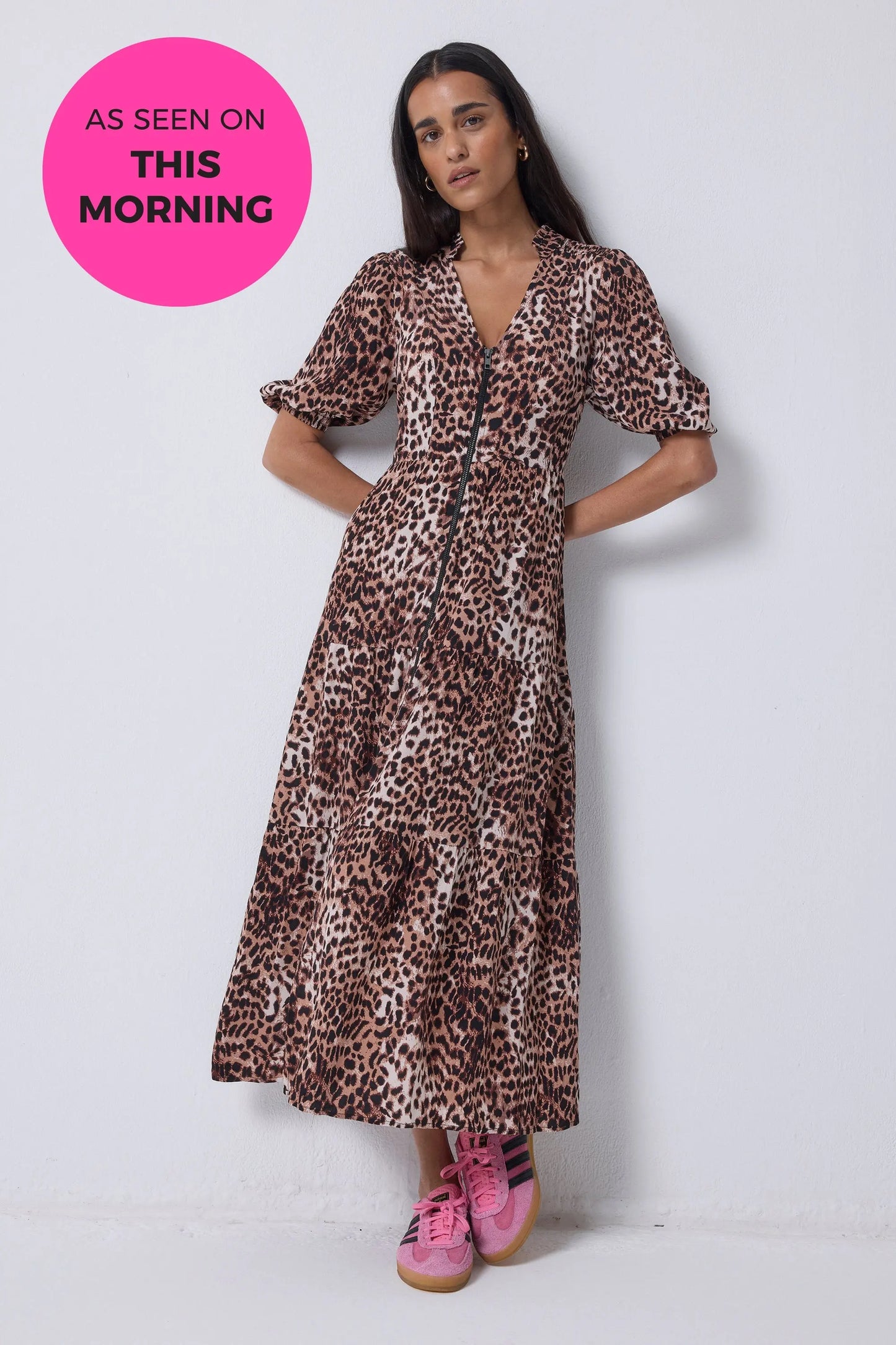 Neutral with Black Cheetah Zip Detail Tiered Midi Dress Scamp & Dude