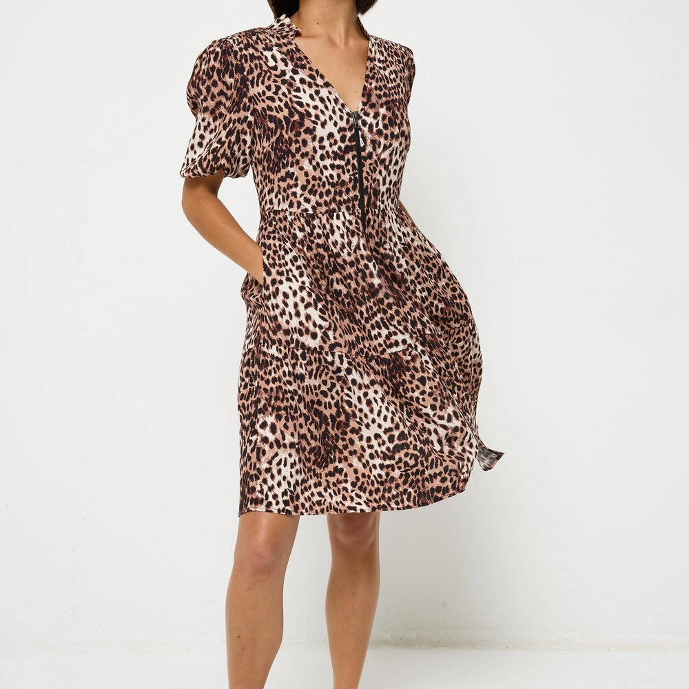 Neutral with Black Cheetah Zip Detail Tiered Short Dress Scamp & Dude