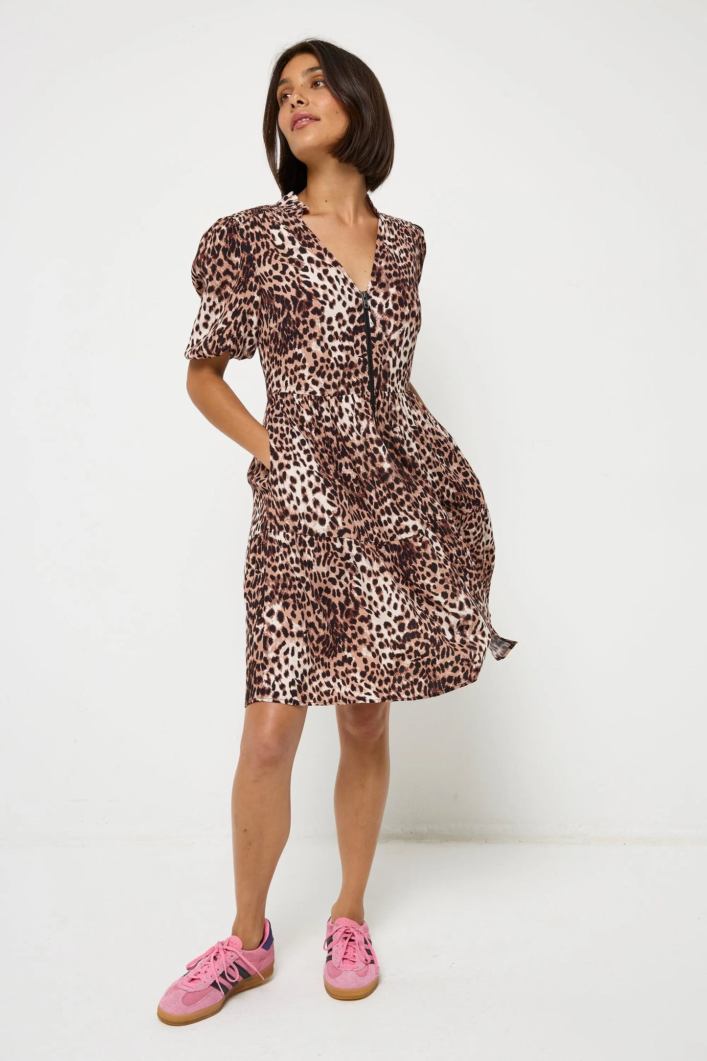 Neutral with Black Cheetah Zip Detail Tiered Short Dress Scamp & Dude