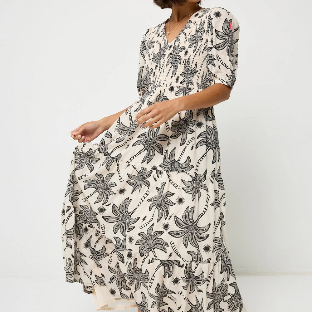 Neutral with Black Palm Spring Shirred Puff Sleeve Maxi Dress Scamp & Dude