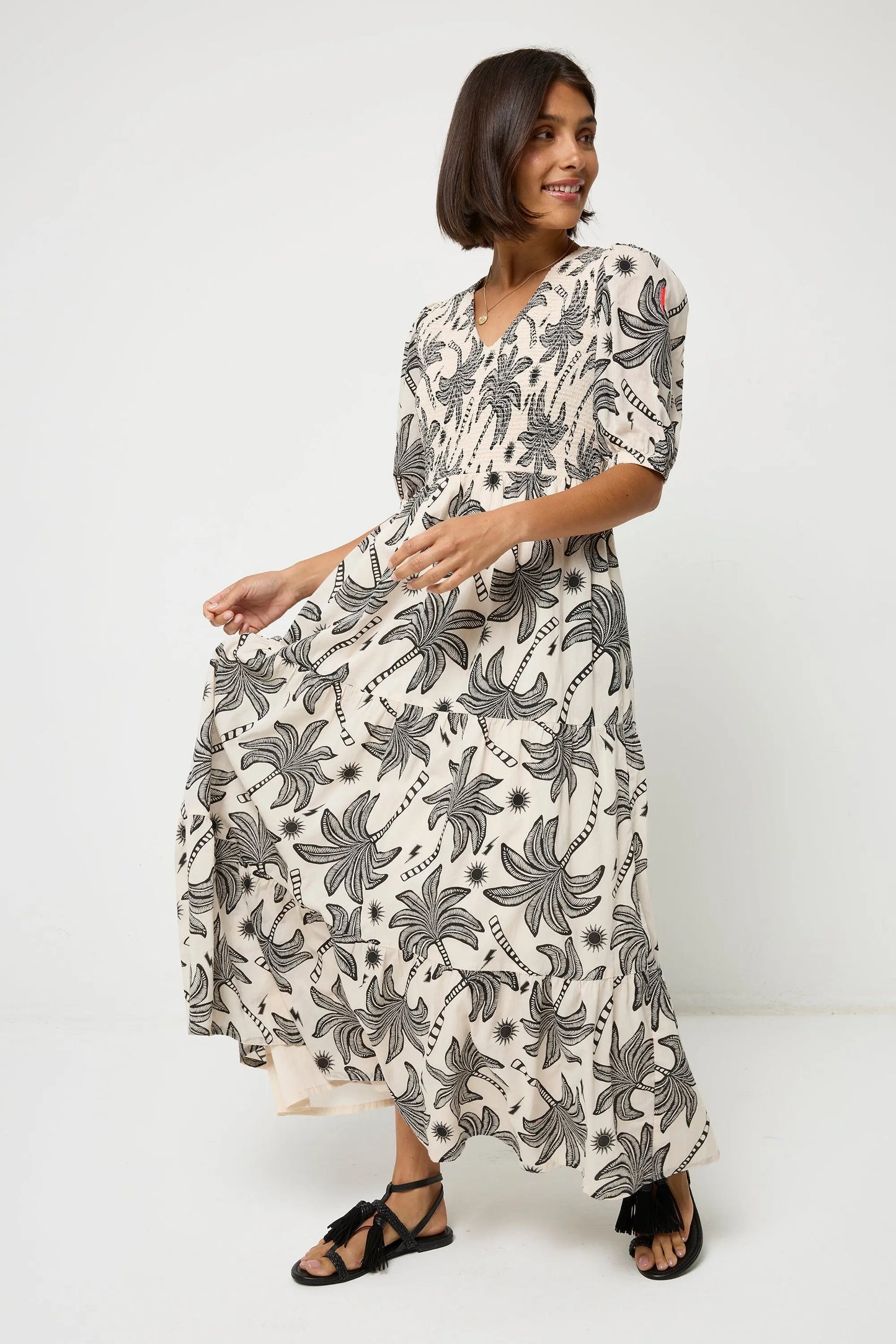 Neutral with Black Palm Spring Shirred Puff Sleeve Maxi Dress Scamp & Dude