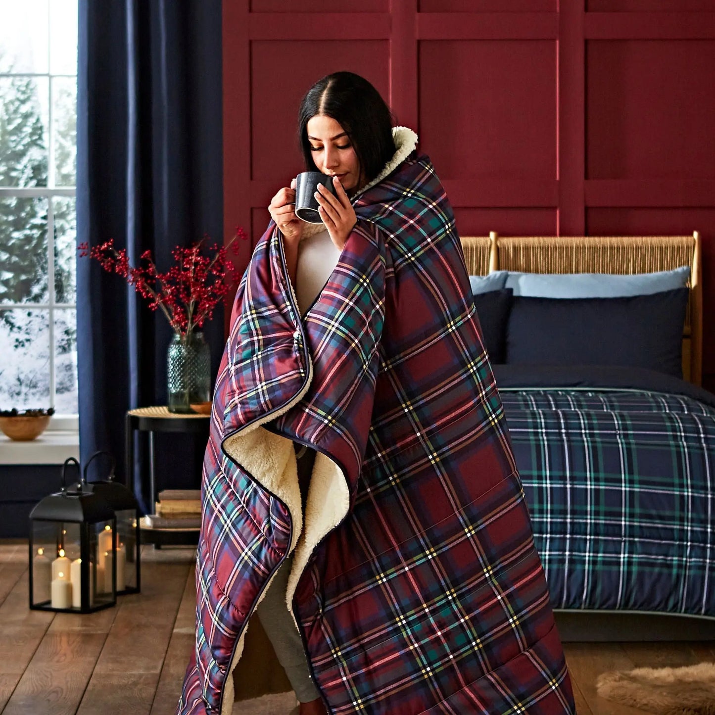 Night Lark Cosy Sherpa Throw Classic Tartan Berry Red The Fine Bedding Company