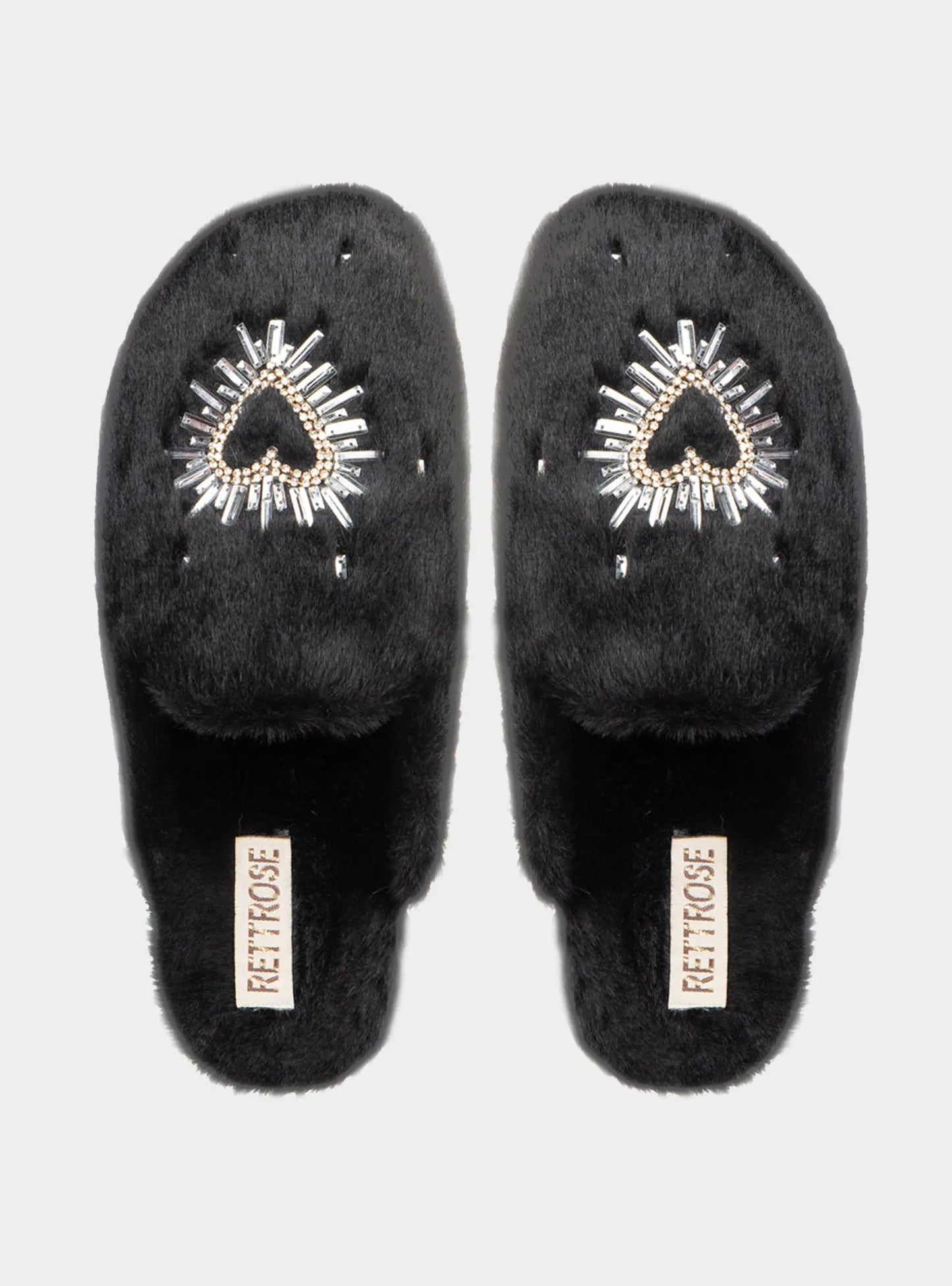 Noelle Black Luxury Faux Fur Comfortable Heart Diamanté Embellished Women’s Handmade Slippers Rettrose
