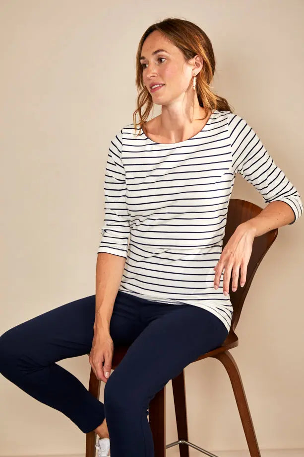 Nursing 3/4th Sleeve T-shirt in White/Navy Stripes Bshirt