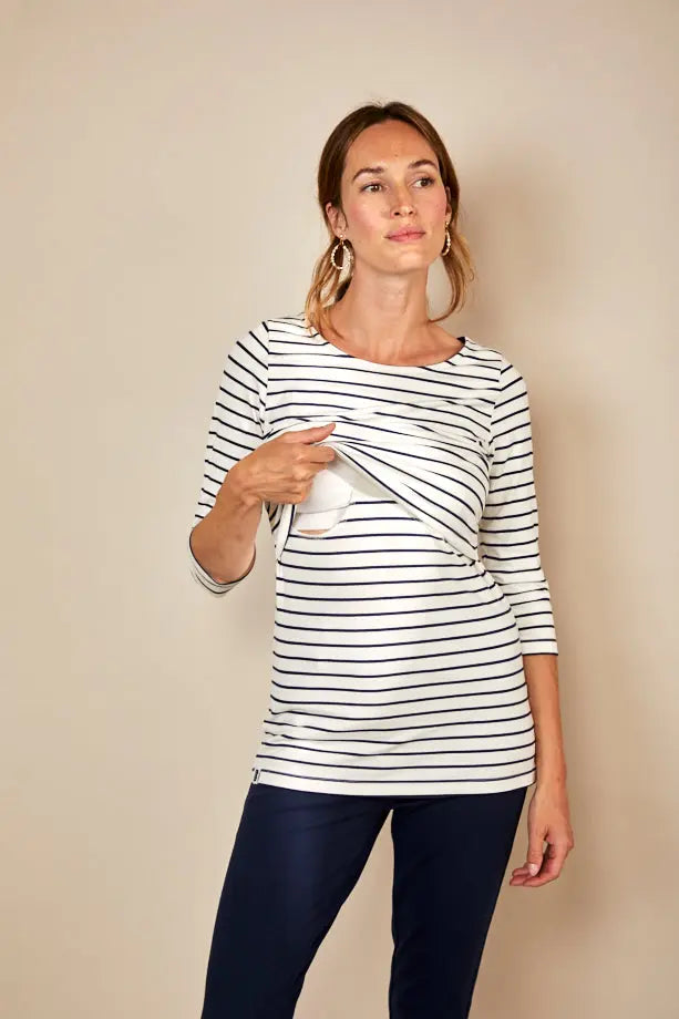 Nursing 3/4th Sleeve T-shirt in White/Navy Stripes Bshirt