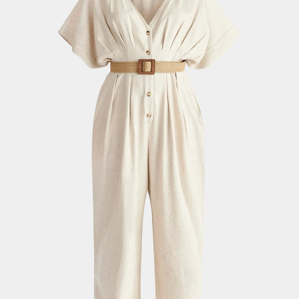 Oatmeal Linen Blend Button Jumpsuit Paisie