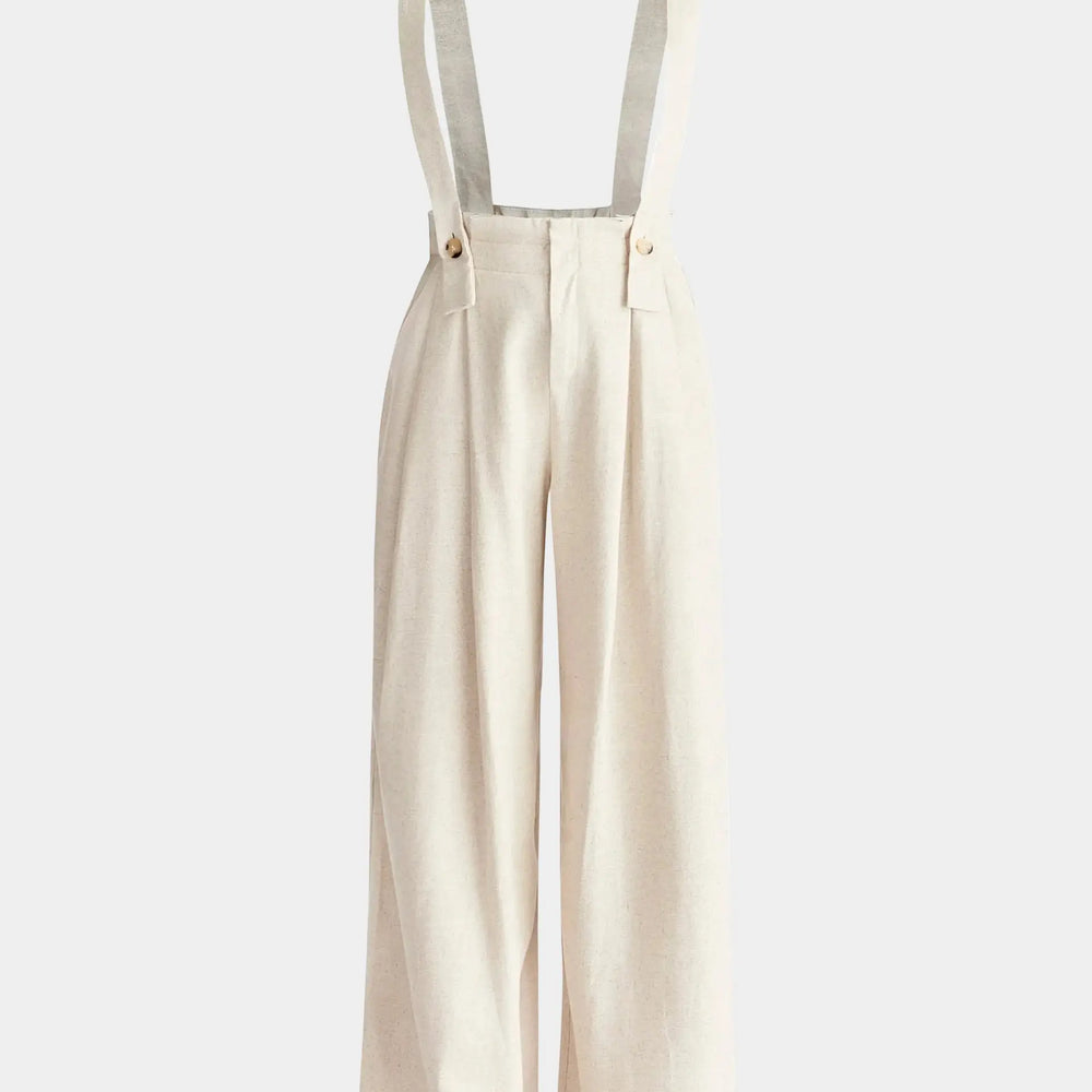 Oatmeal Linen Blend Detachable Suspender Trousers Paisie