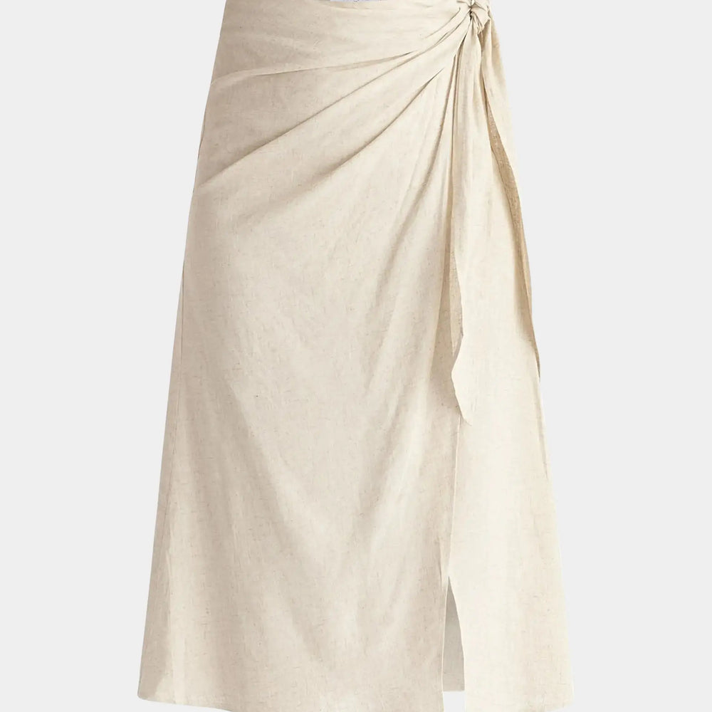Oatmeal Linen Blend Wrap Skirt Paisie