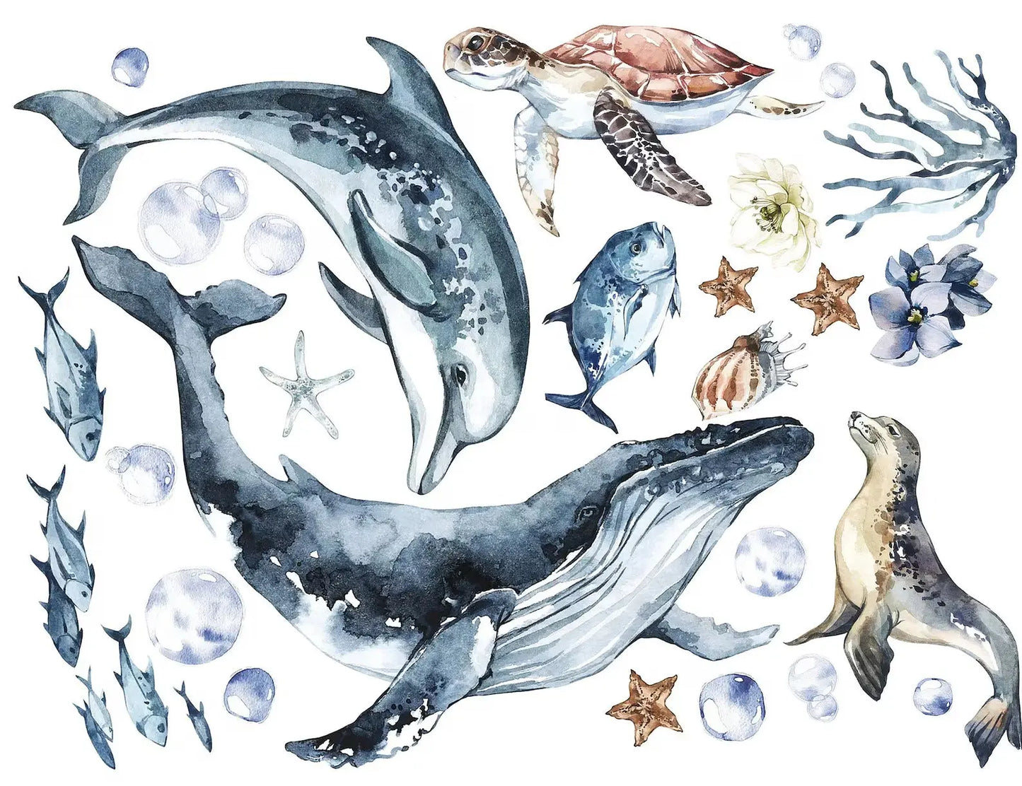 Ocean Animals Wall Decal for Kids and Nursery, Sticker Set, Dolphin, Turtle, Whale, Fishes, Seal, Corals, Watercolour, OCEAN Life ClickWalls