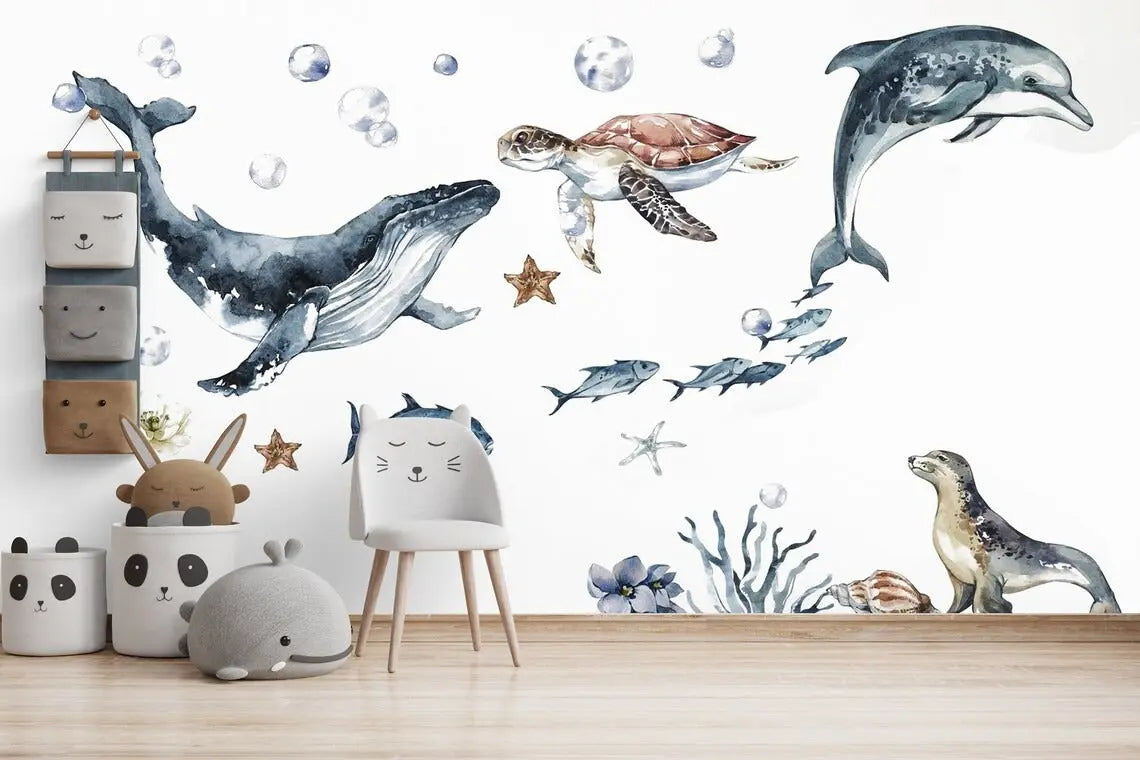 Ocean Animals Wall Decal for Kids and Nursery, Sticker Set, Dolphin, Turtle, Whale, Fishes, Seal, Corals, Watercolour, OCEAN Life ClickWalls