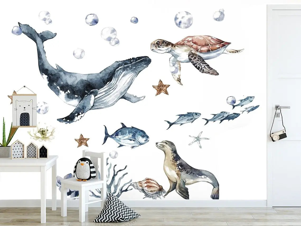 Ocean Animals Wall Decal for Kids and Nursery, Sticker Set, Dolphin, Turtle, Whale, Fishes, Seal, Corals, Watercolour, OCEAN Life ClickWalls