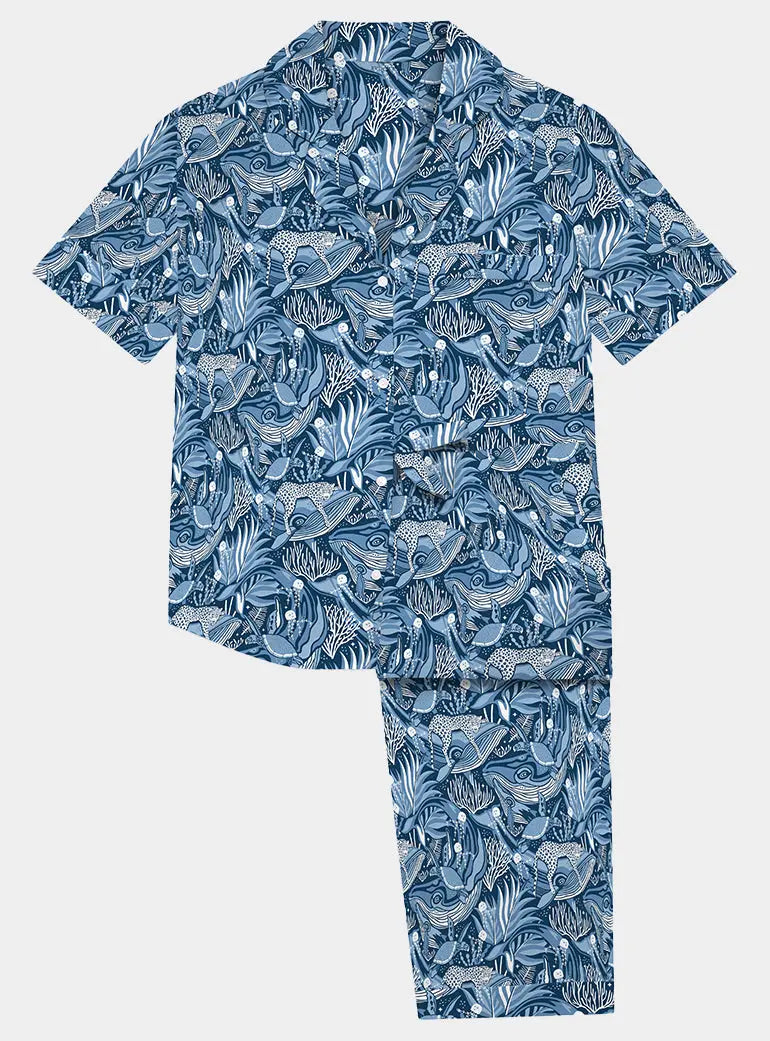 Ocean Blue Women's Short Sleeve Organic Cotton Pyjama Trouser Set Myza