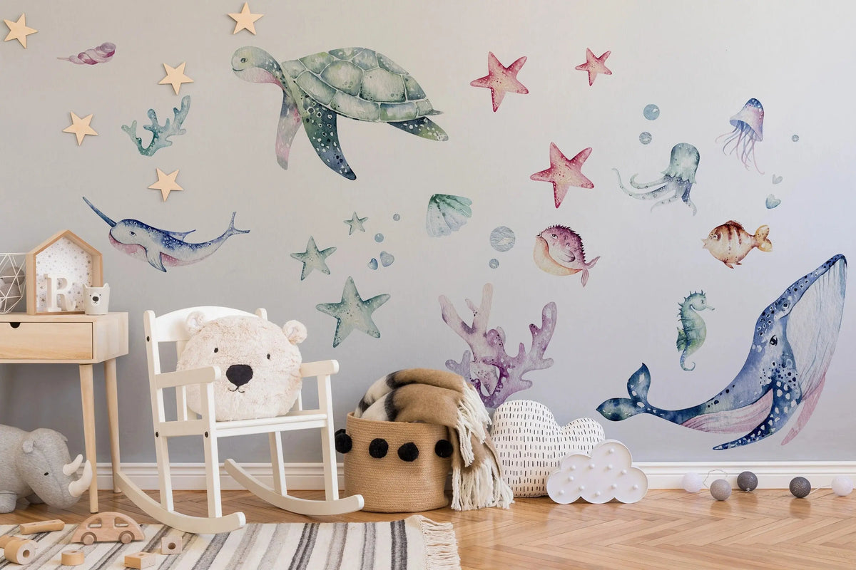 Ocean Wall Decal - Watercolour Sea Life Stickers - Colourful Ocean Theme ClickWalls