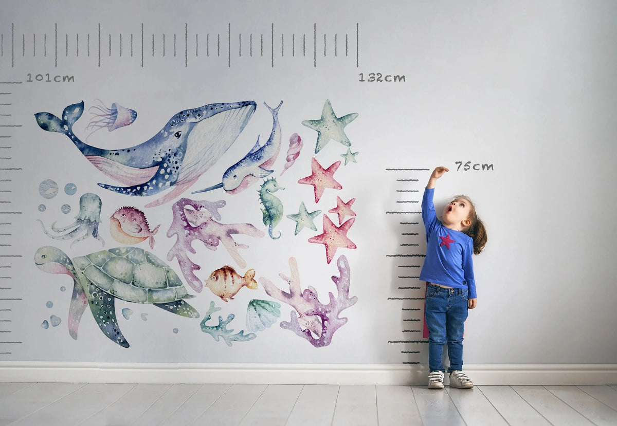 Ocean Wall Decal - Watercolour Sea Life Stickers - Colourful Ocean Theme ClickWalls