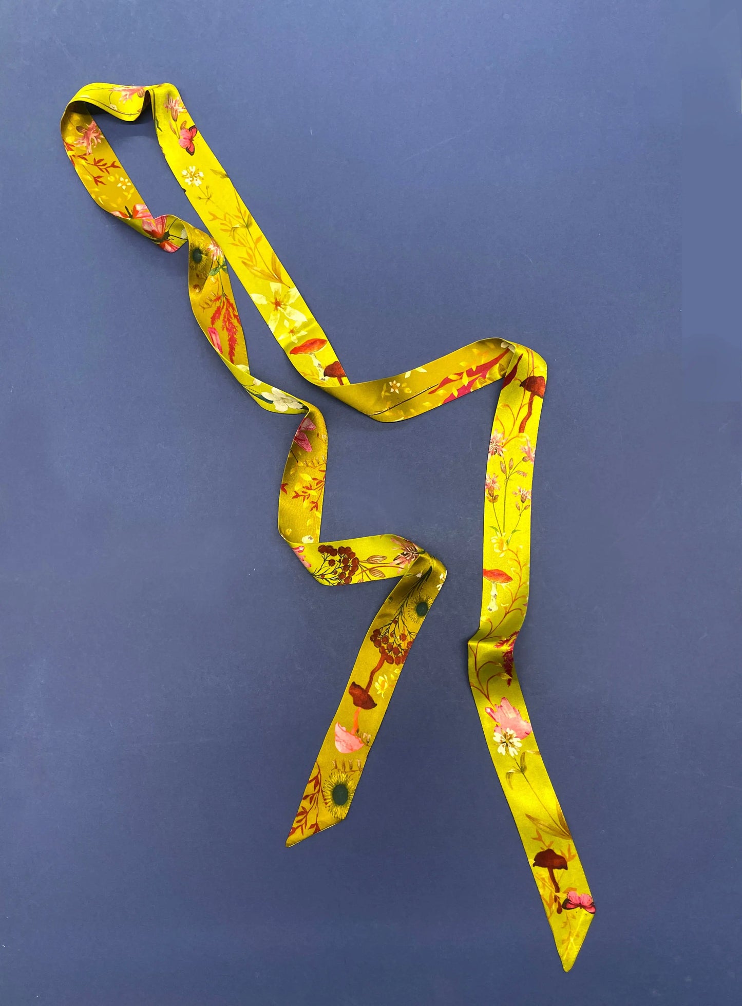 Ochre yellow Silk satin 'Helios' Ultra Skinny silk scarf with mushrooms and sunflowers Alice Acreman Silks