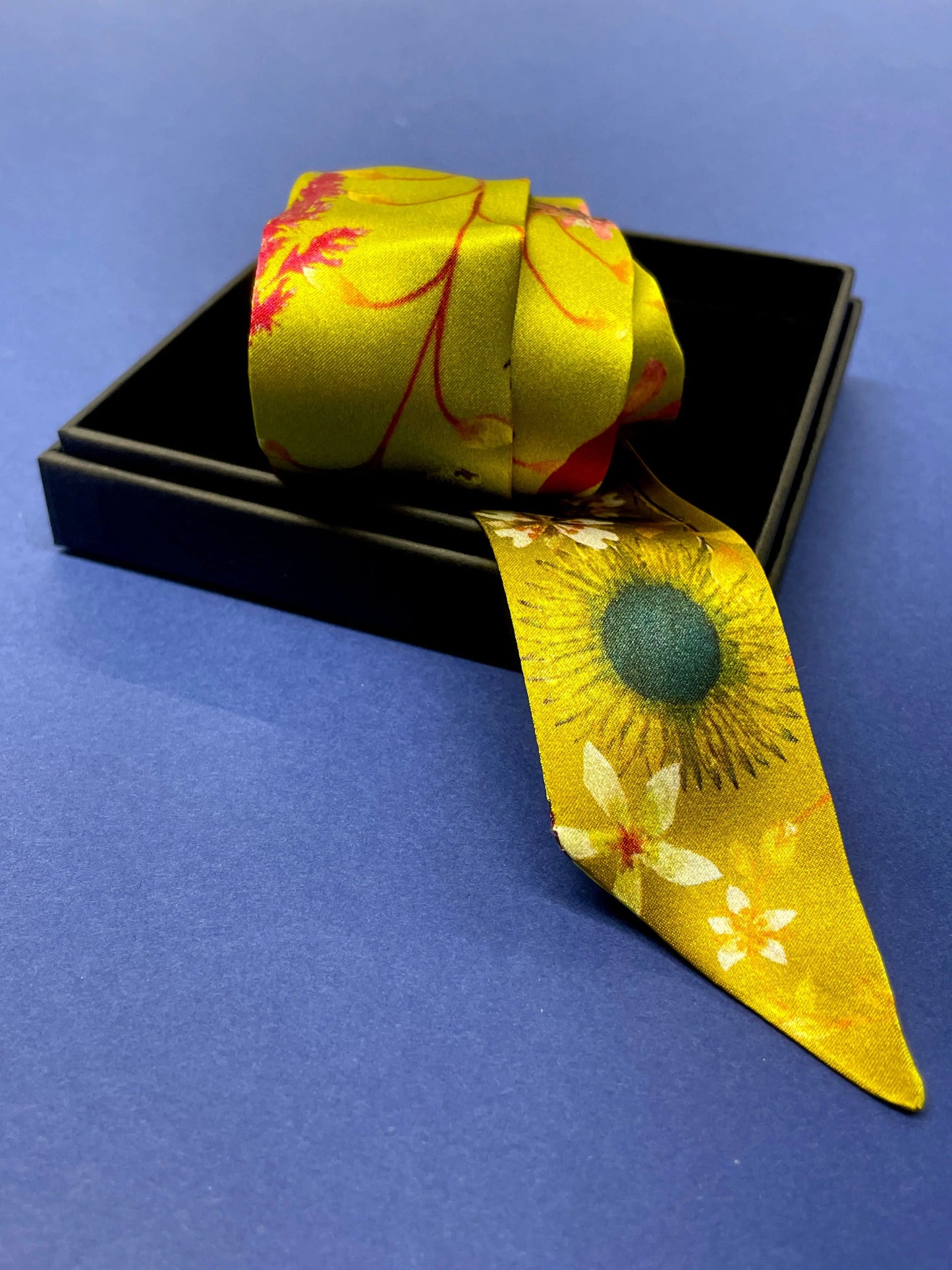 Ochre yellow Silk satin 'Helios' Ultra Skinny silk scarf with mushrooms and sunflowers Alice Acreman Silks
