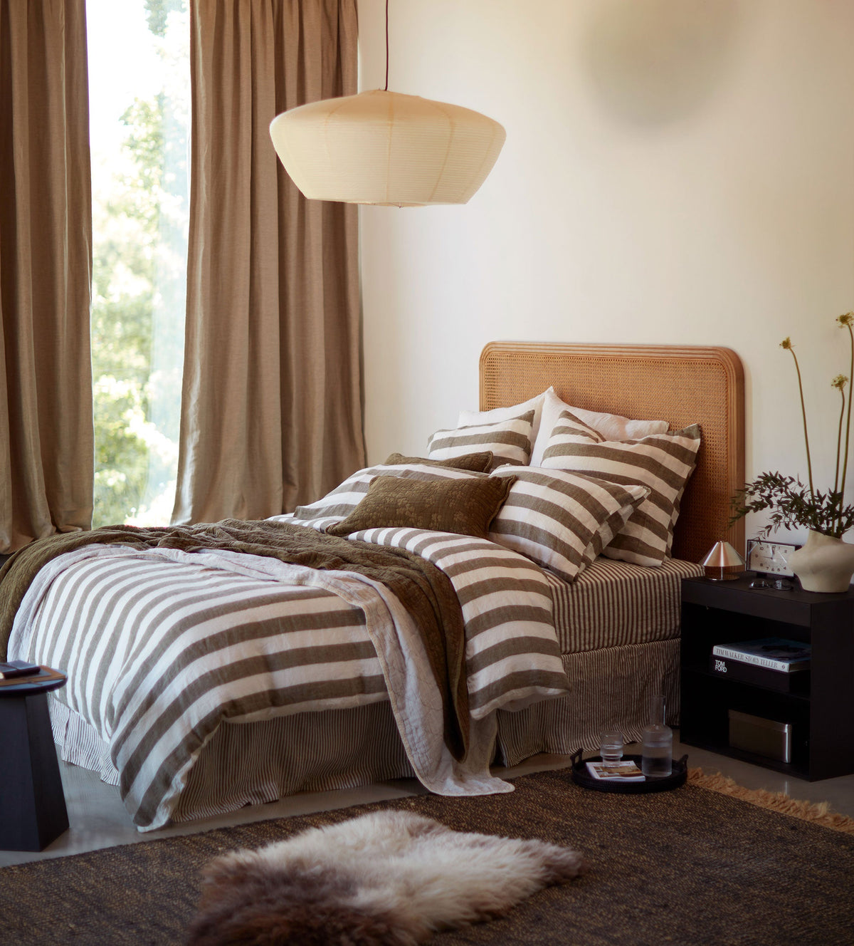 Dark Olive Cora Stripe 100% Linen Duvet Cover - The Secret Linen Store