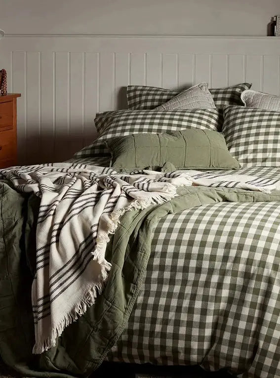 Olive Green Gilbert Gingham Brushed 100% Organic Cotton Bed Linen The Secret Linen Store