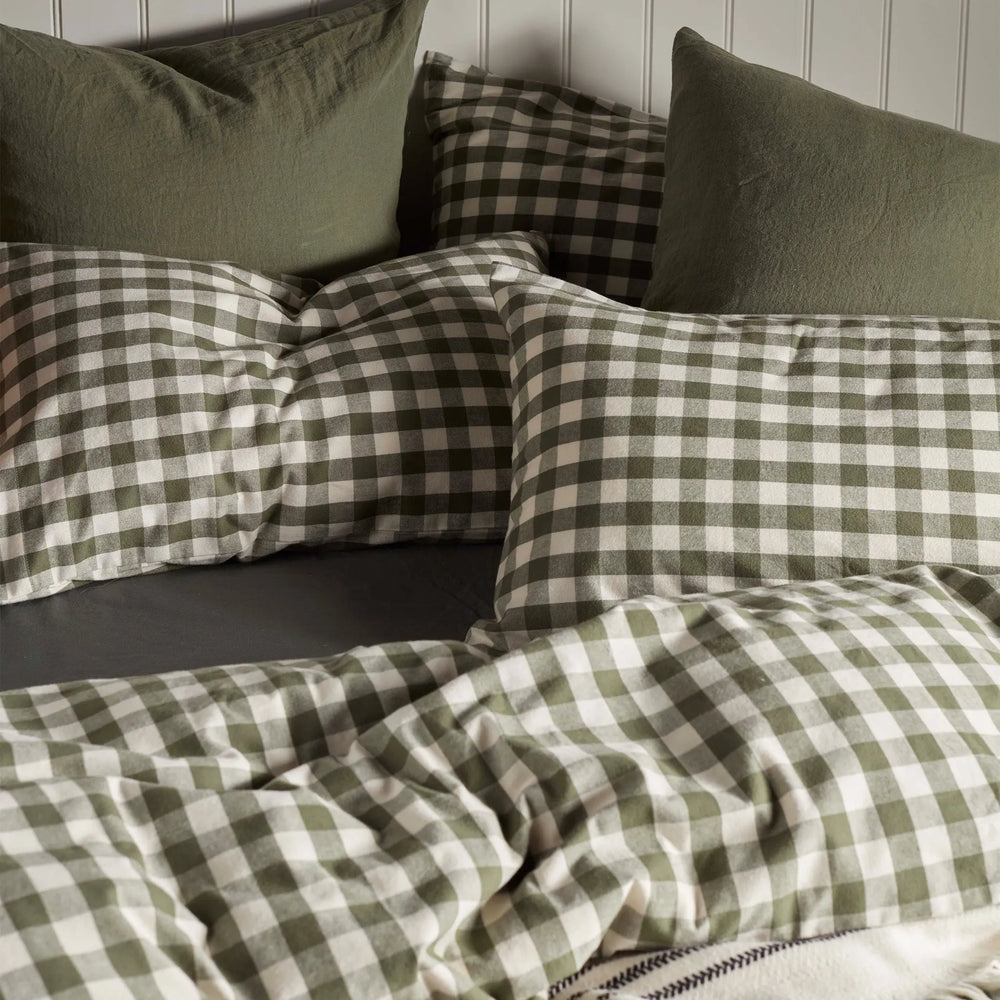 Olive Green Gilbert Gingham Brushed 100% Organic Cotton Pillowcase The Secret Linen Store