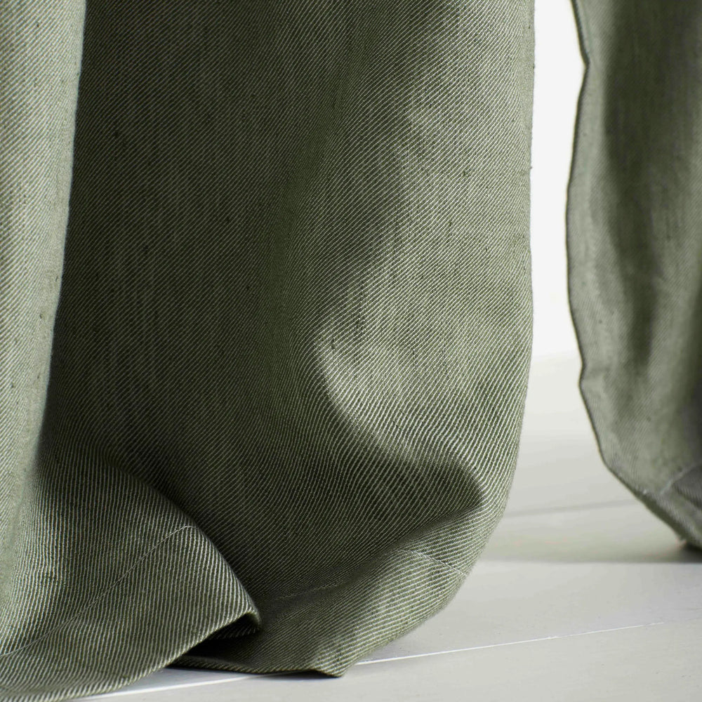 Olive Green Twill Cotton Linen Blackout Pencil Pleat Curtains (Pair) The Secret Linen Store