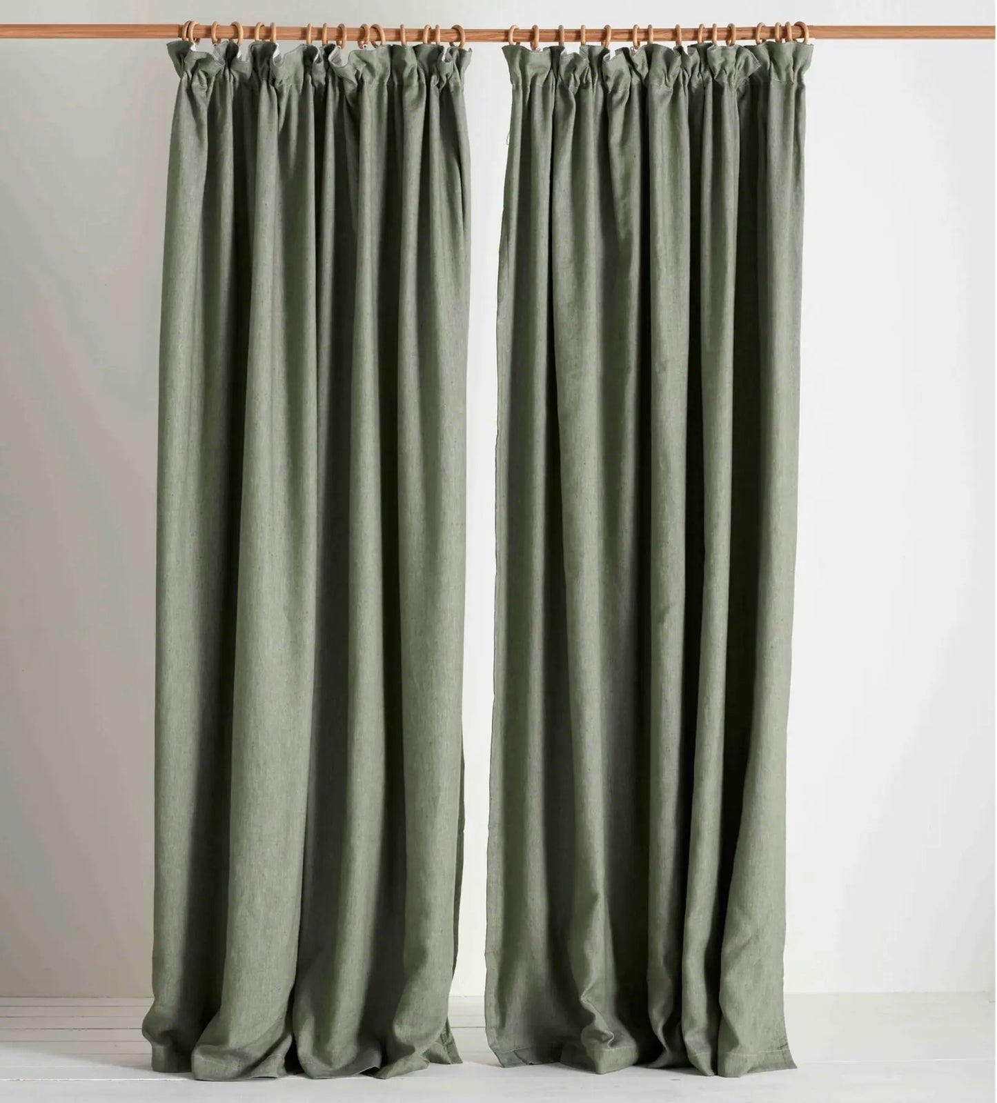 Olive Green Twill Cotton Linen Blackout Pencil Pleat Curtains (Pair) The Secret Linen Store