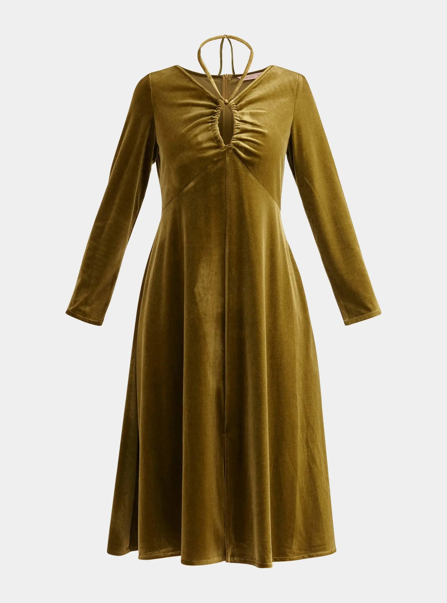 Olive Velvet Tie-Neck Dress Paisie