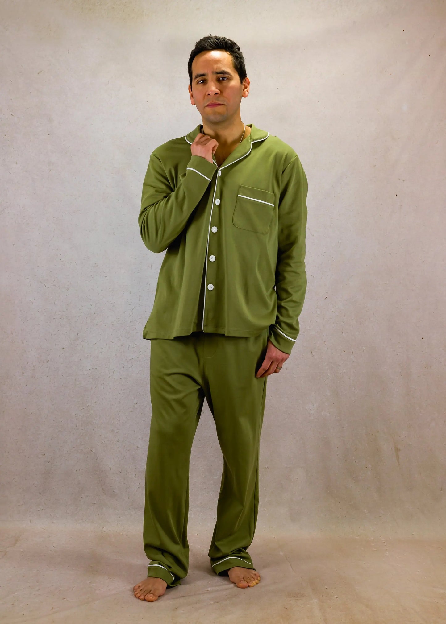 Olive green Mens Pima Cotton Long Sleeve Pyjama Trouser Set killarysleepwear