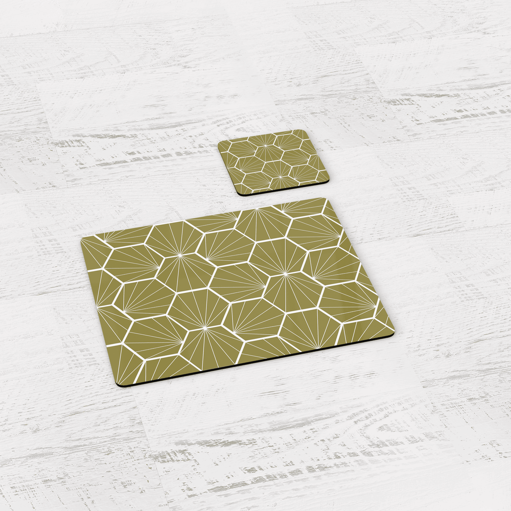 Olive Green Geometric Hexagons Placemats, Set of 4 or Set of 6 Shadow bright