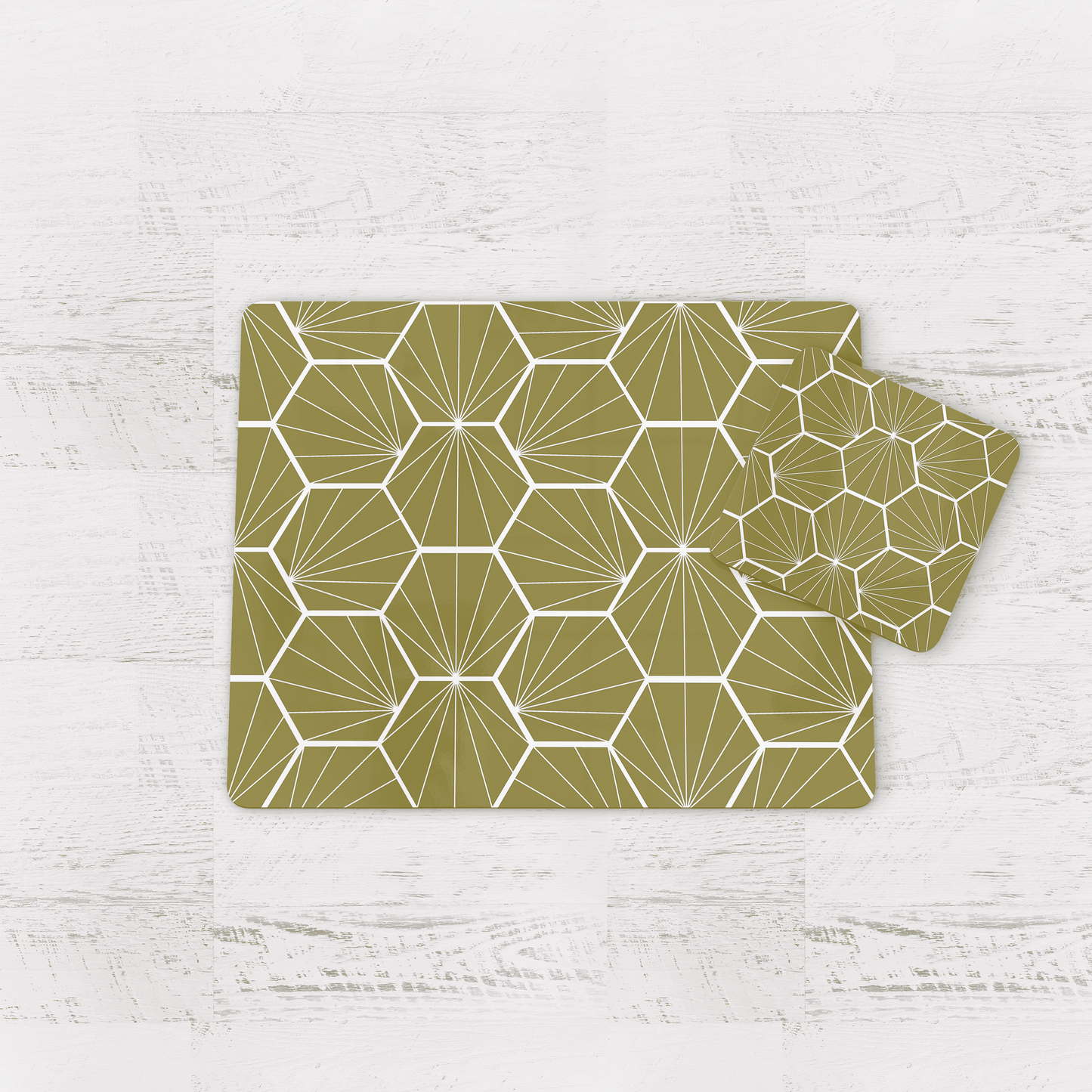 Olive Green Geometric Hexagons Placemats, Set of 4 or Set of 6 Shadow bright