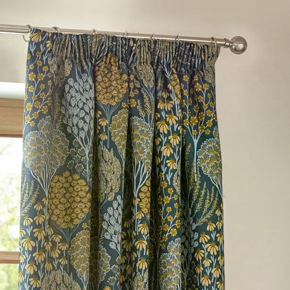 Ophelia Blue Saffron Pencil Pleat Curtains Dunelm