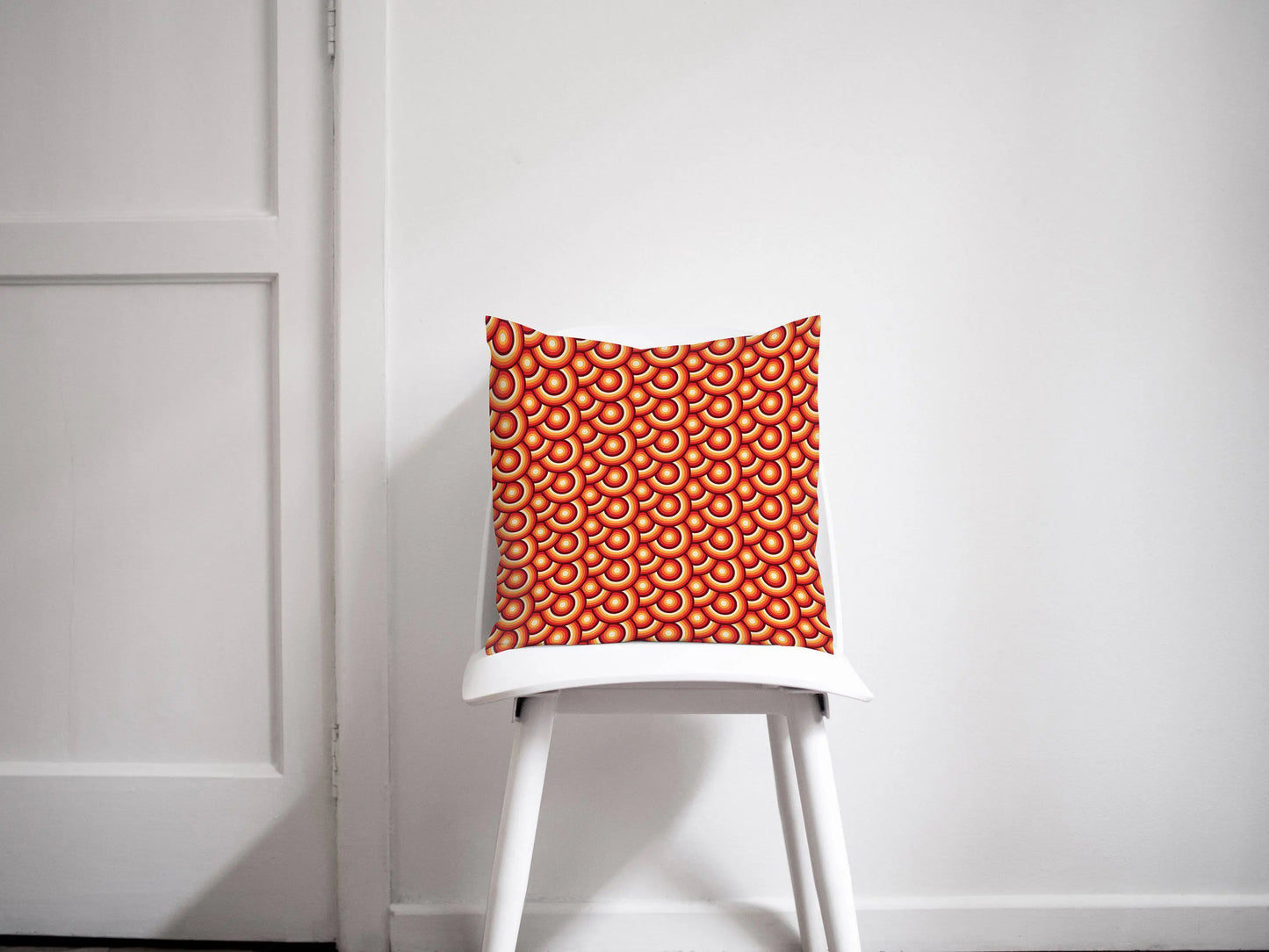 Orange Cushion with a 70's Retro Circles Design, Throw Pillow Shadow bright