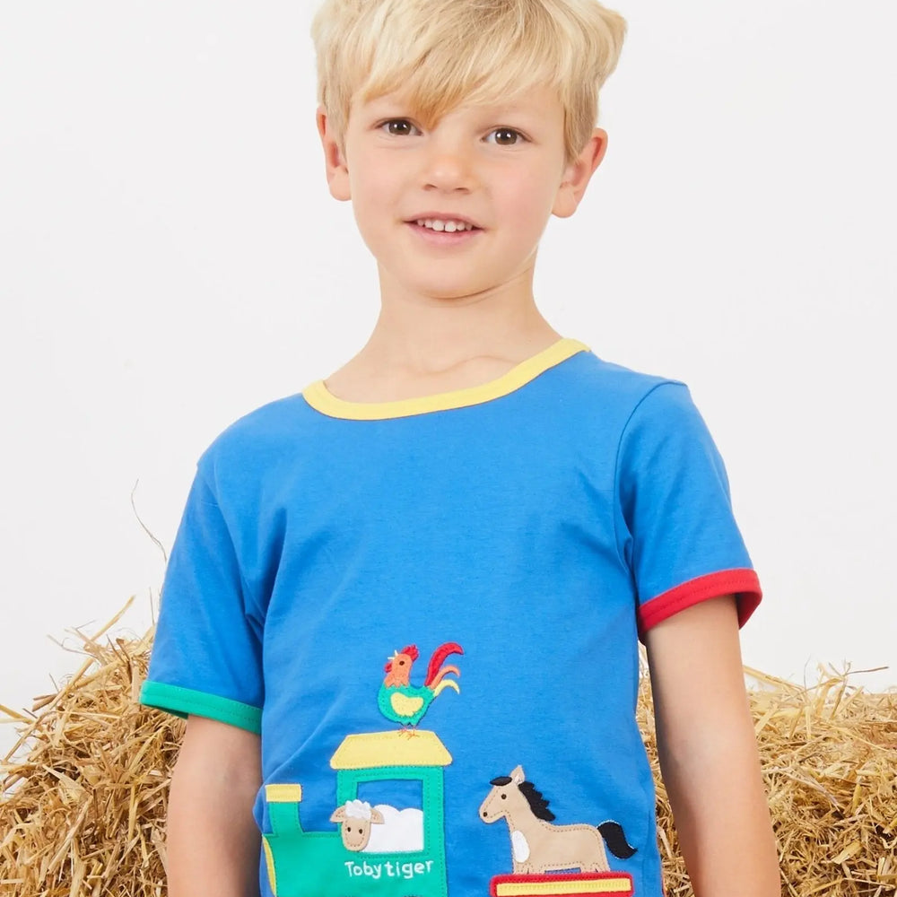 Organic Animal Train Applique Short-Sleeved T-Shirt Toby Tiger