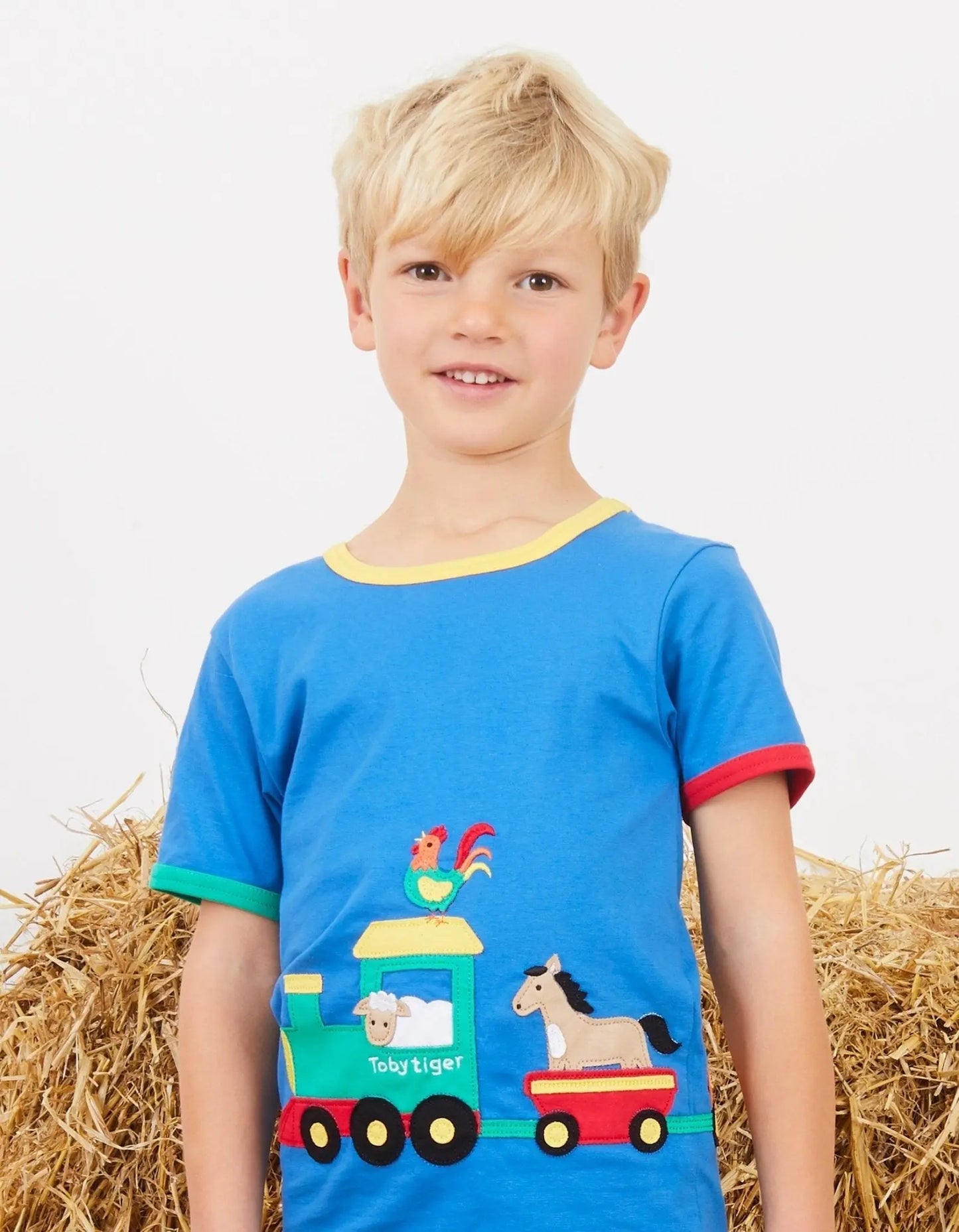 Organic Animal Train Applique Short-Sleeved T-Shirt Toby Tiger
