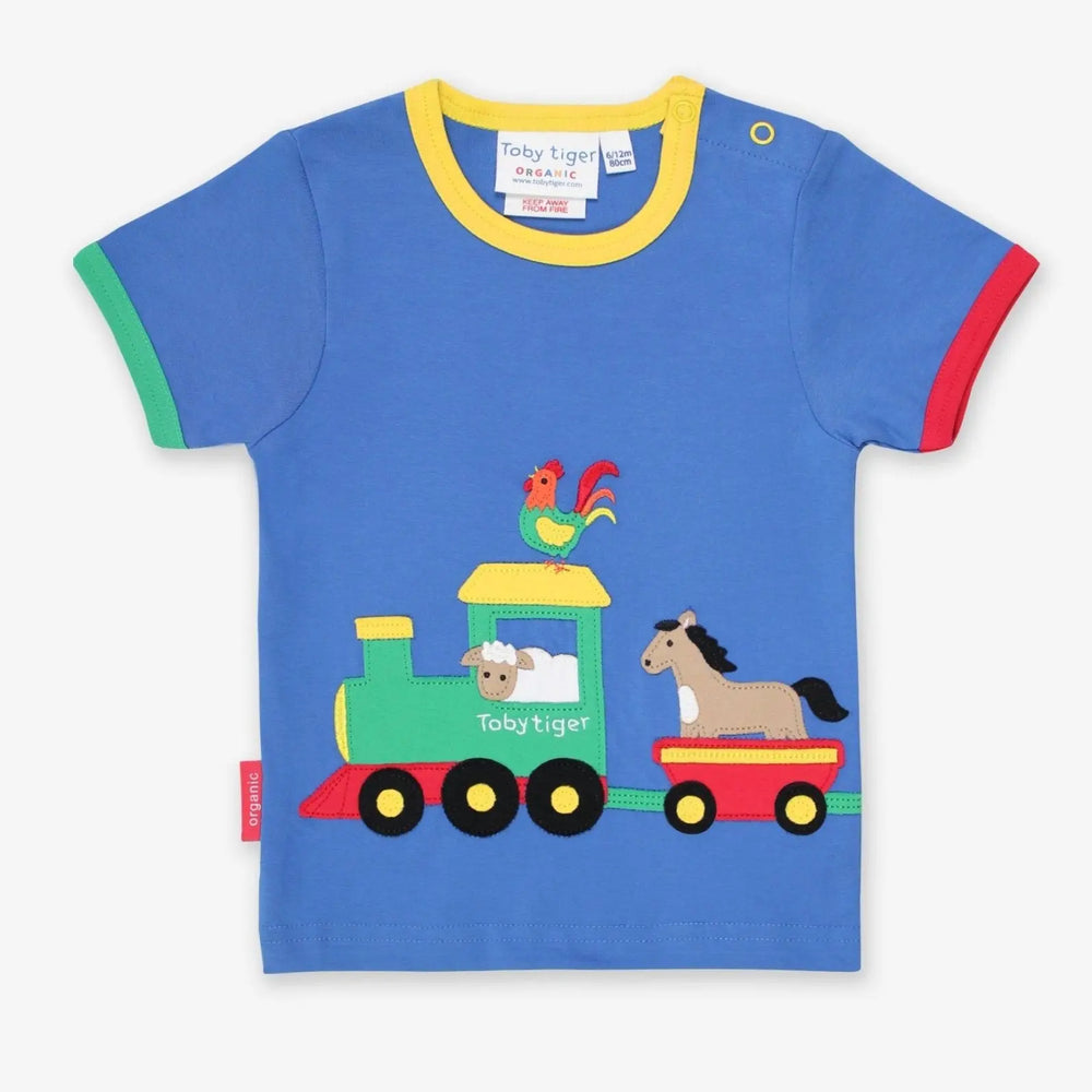 Organic Animal Train Applique Short-Sleeved T-Shirt Toby Tiger