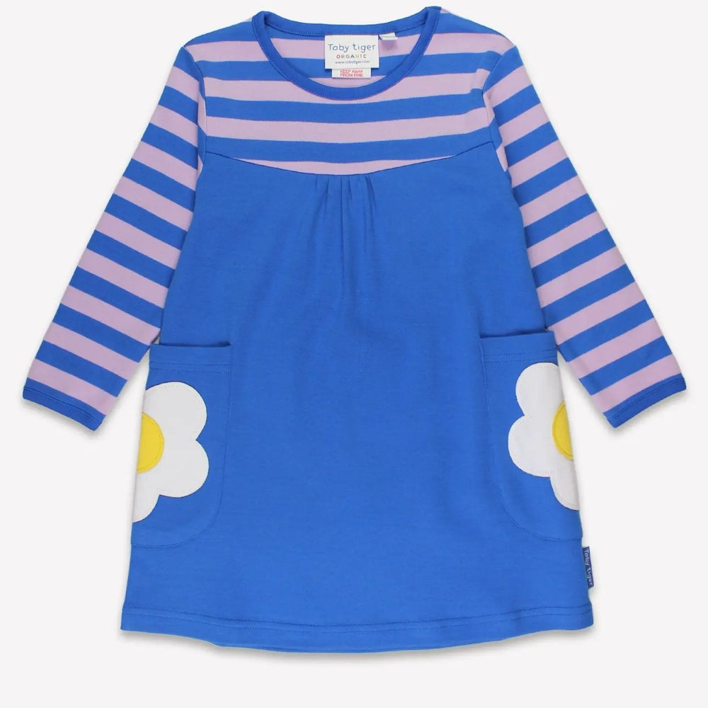Organic Blue Daisy Applique Long-Sleeved Dress Toby Tiger