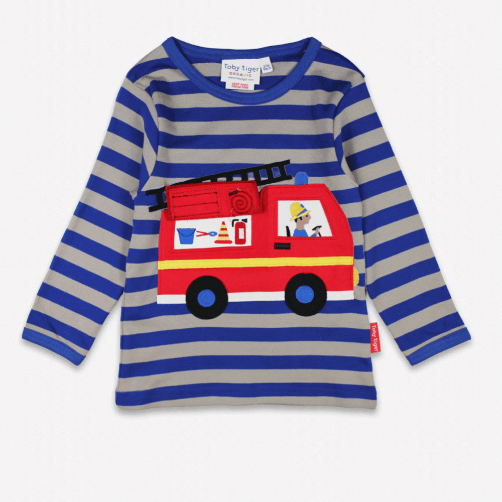 Organic Blue Fire Engine Applique Long-Sleeved T-Shirt Toby Tiger