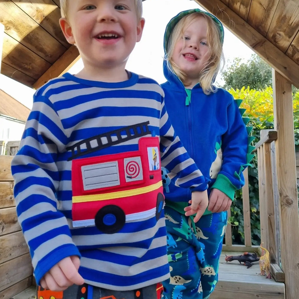 Organic Blue Fire Engine Applique Long-Sleeved T-Shirt Toby Tiger