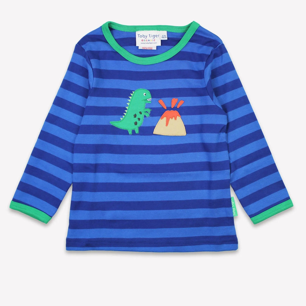 Organic Blue Tonal Dinosaur Applique Long-Sleeved T-Shirt Toby Tiger
