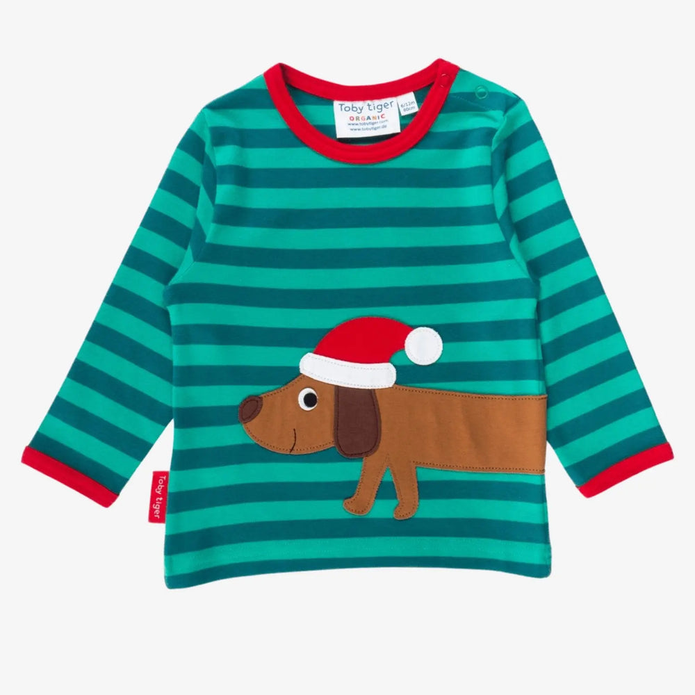 Organic Christmas Dog Applique Long-Sleeved T-Shirt Toby Tiger