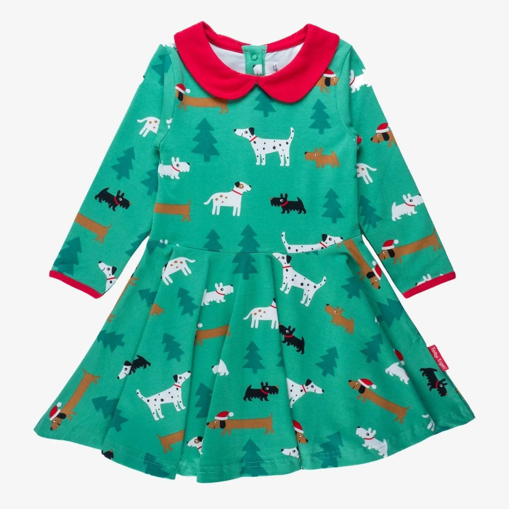 Organic Christmas Dog Print Long-Sleeved Skater Dress Toby Tiger