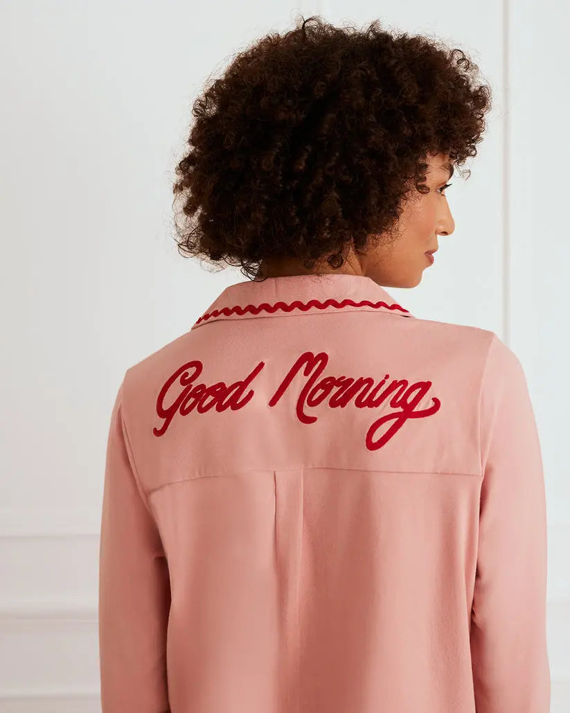 Organic Cotton Embroidered Back Good Morning Women's Long Pyjama Set Chelsea Peers